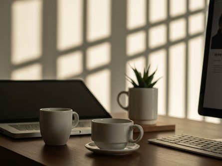 다양한 종류의 바닥재 샘플과 페인트 색상표, 타일 견본이 놓인 작업대