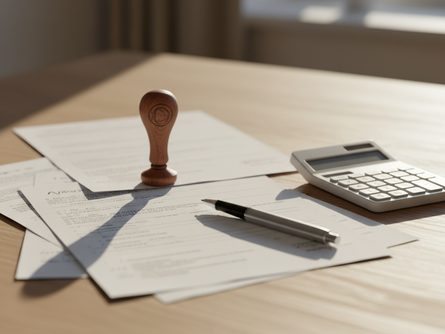 나무 책상 위에 놓인 부동산 서류와 도장, 볼펜, 계산기