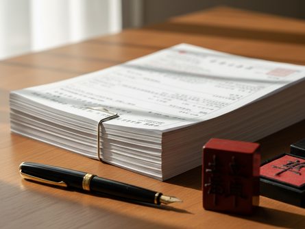 나무 책상 위에 놓인 부동산 등기 서류 뭉치와 검은색 만년필, 사각형 도장