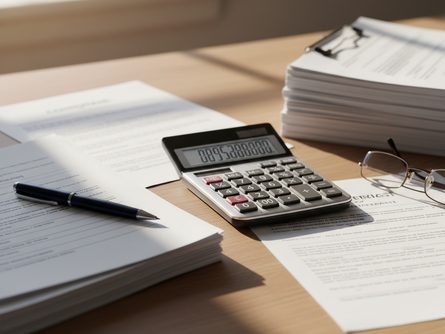 나무 책상 위에 놓인 계산기와 부동산 서류, 볼펜과 안경이 함께 배치된 모습