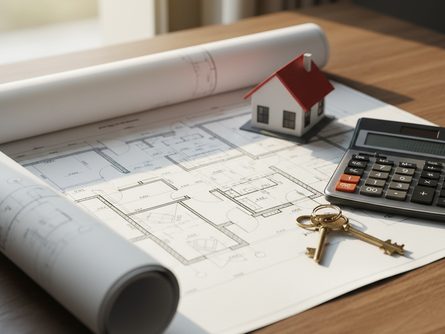 나무 책상 위에 펼쳐진 부동산 설계도와 계산기, 열쇠, 미니어처 주택 모형