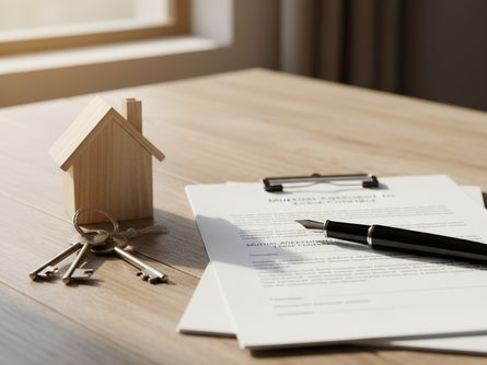 나무 책상 위에 펜과 계약서 서류, 집 모형, 열쇠가 놓인 모습