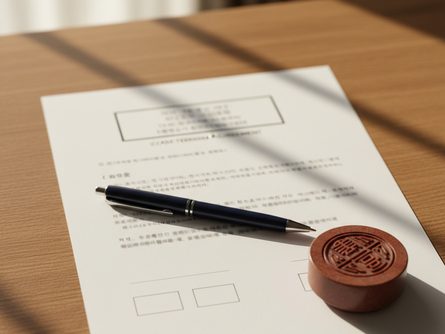 나무 책상 위에 놓인 임대차 계약서와 볼펜, 도장