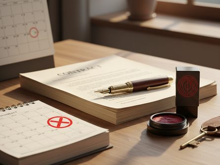 책상 위에 놓인 계약서 서류, 만년필, 인감 도장, 열쇠, 달력이 함께 배치된 모습