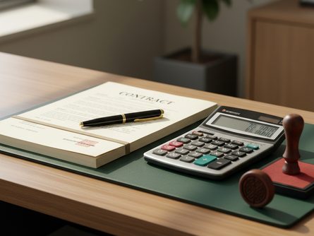 은행 창구 책상 위에 놓인 계약서 파일, 계산기, 볼펜과 도장