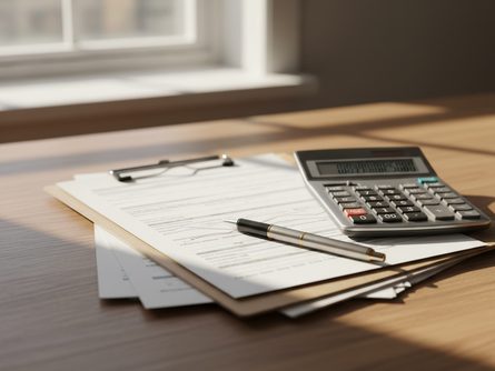 주택 계약서와 계산기, 금융 서류가 놓인 책상 위 풍경