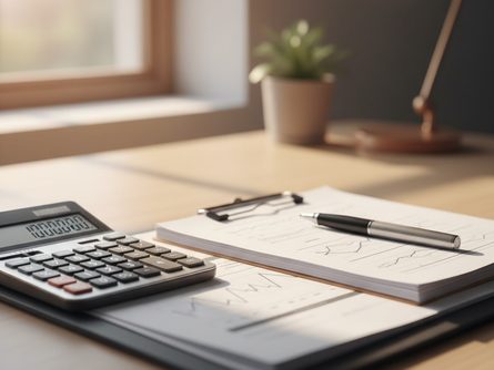 전자계산기와 금융 서류, 볼펜이 놓인 사무용 책상