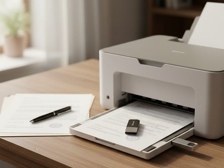 나무 책상 위에 놓인 종이 서류, 레이저 프린터, 공동인증서 USB, 볼펜