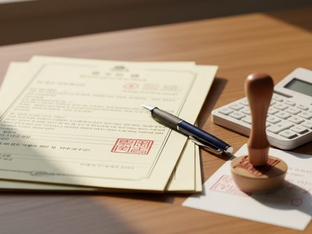나무 책상 위에 놓인 부동산 등기부등본 서류, 인장, 볼펜, 계산기
