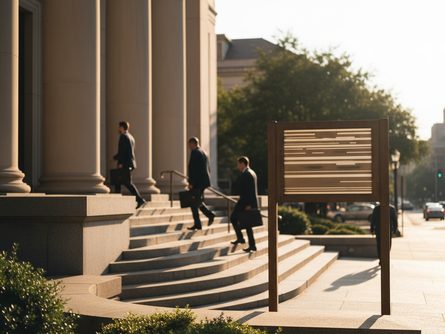 법원 건물 입구 계단과 법원 안내판, 주변에 서류 가방을 든 사람들
