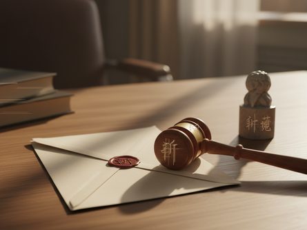 법정 책상 위에 놓인 봉인된 서류봉투와 나무 망치, 붉은 인주와 도장