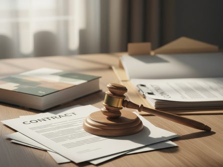 경매 서류와 법정 해머, 계약서가 놓인 책상 위 풍경