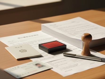 청약 관련 서류와 도장, 계약서가 놓인 책상 위 풍경