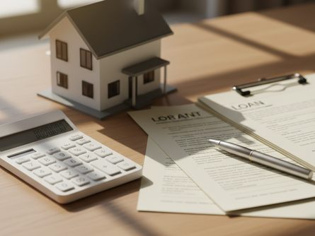 책상 위에 놓인 계산기와 주택 모형, 대출 서류와 펜