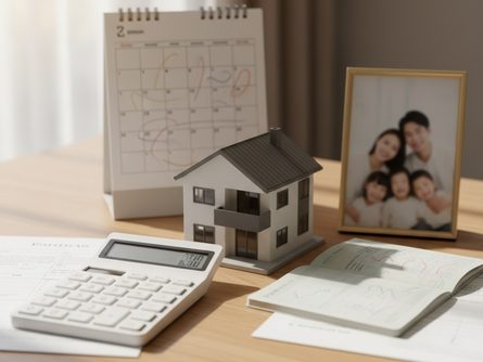 책상 위에 놓인 계산기와 주택 모형, 가족 사진, 통장, 달력이 함께 배치된 모습