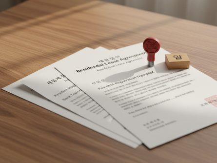 나무 책상 위에 놓인 주택 임대차계약서, 주민등록등본, 은행 거래내역서, 도장