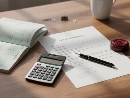 나무 책상 위에 놓인 임대차계약서, 통장, 계산기, 볼펜, 인감도장