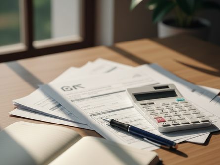 서류와 계산기, 볼펜이 놓인 책상 위 세금 신고 관련 문서