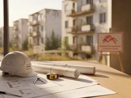 노후 아파트 단지 전경과 건축 설계 도면, 안전모가 놓인 사무실 책상