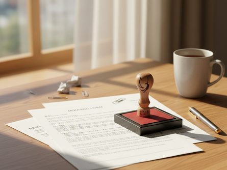 나무 책상 위에 펼쳐진 전세 계약서 서류, 도장, 볼펜, 계산기가 함께 놓여 있는 모습