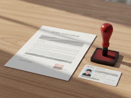 임대차 계약서와 도장, 신분증이 놓인 나무 책상