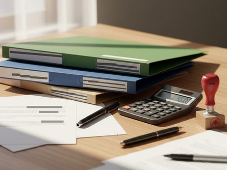 나무 책상 위에 놓인 각종 서류 폴더와 계산기, 펜, 도장