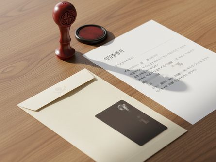 나무 책상 위에 놓인 인감도장과 인감증명서, 등기 서류 봉투