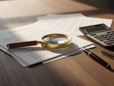 나무 책상 위에 놓인 부동산 등기 서류, 돋보기, 계산기, 만년필이 있는 모습