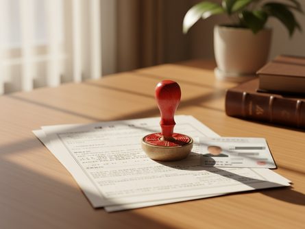 책상 위에 놓인 부동산 등기부등본 서류와 도장, 신분증