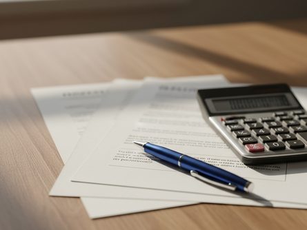 접힌 종이 서류 여러 장과 파란색 볼펜, 전자계산기가 놓인 나무 책상