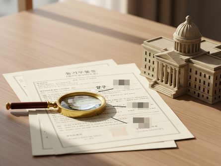 책상 위에 놓인 부동산 등기부등본 서류와 확대경, 법원 건물 미니어처