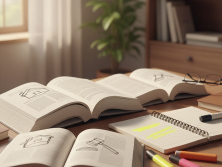 책상 위에 펼쳐진 여러 권의 부동산 관련 서적과 노트, 형광펜이 놓인 모습