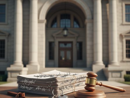 법원 건물 입구 앞에 놓인 서류 파일과 나무 망치, 열쇠 묶음이 있는 책상