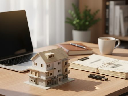 노트북 앞에 놓인 주택 모형과 청약 서류, 인증서 토큰이 있는 책상