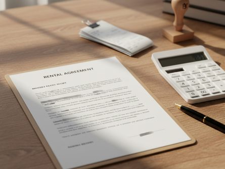 나무 책상 위에 놓인 임대차계약서, 월세 영수증, 계산기, 도장과 펜