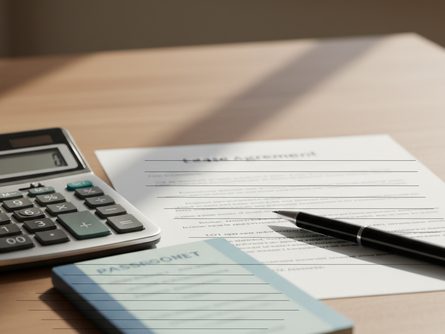 책상 위에 놓인 임대차 계약서와 전자계산기, 통장, 볼펜
