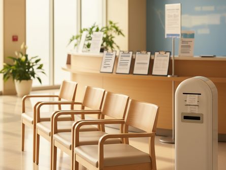 주민센터 창구 앞 대기 의자와 번호표 발급기, 신청 서류가 놓인 안내 데스크