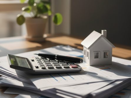 서류 더미 위에 놓인 주택 모형과 계산기, 펜