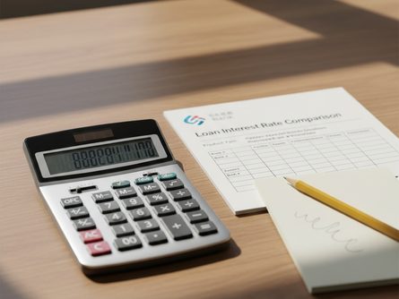 나무 책상 위에 놓인 계산기와 금리 비교표, 은행 로고가 인쇄된 팜플렛, 연필과 메모지