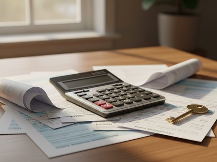 원목 책상 위에 펼쳐진 종이 서류와 계산기, 볼펜이 놓인 모습