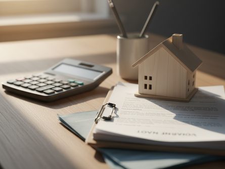 나무 책상 위에 계산기, 주택 모형, 대출 서류, 연필이 놓여 있는 모습