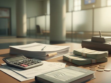 은행 창구에 놓인 대출 서류와 계산기, 통장이 있는 책상 풍경