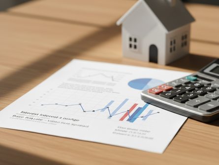 나무 책상 위에 놓인 금리 변동 그래프가 인쇄된 종이와 계산기, 주택 모형