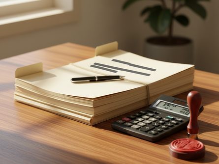 나무 책상 위에 놓인 은행 서류 파일, 계산기, 인감도장, 볼펜이 정돈되어 있는 모습