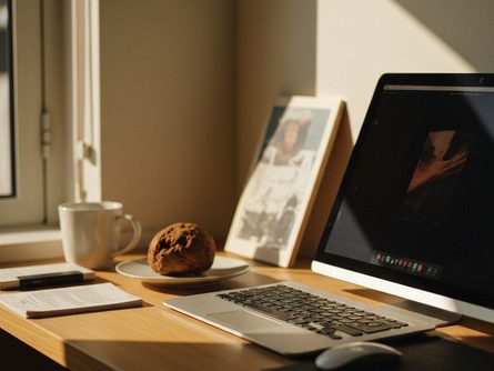 나무 책상 위에 놓인 계약서 서류, 법인 인감, 펜, 그리고 열린 노트북