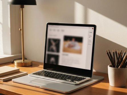 나무 책상 위에 놓인 노트북, 서류 폴더, 등기부등본, 법원 문서, 계산기, 펜