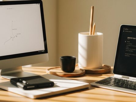 나무 책상 위에 펼쳐진 부동산 관련 서류와 계산기, 볼펜이 놓여 있고, 옆에는 접힌 건축 도면과 열쇠가 함께 배치된 모습