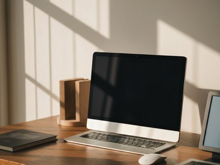 노트북과 스마트폰이 놓인 책상 위에 펼쳐진 청약 안내 책자와 볼펜