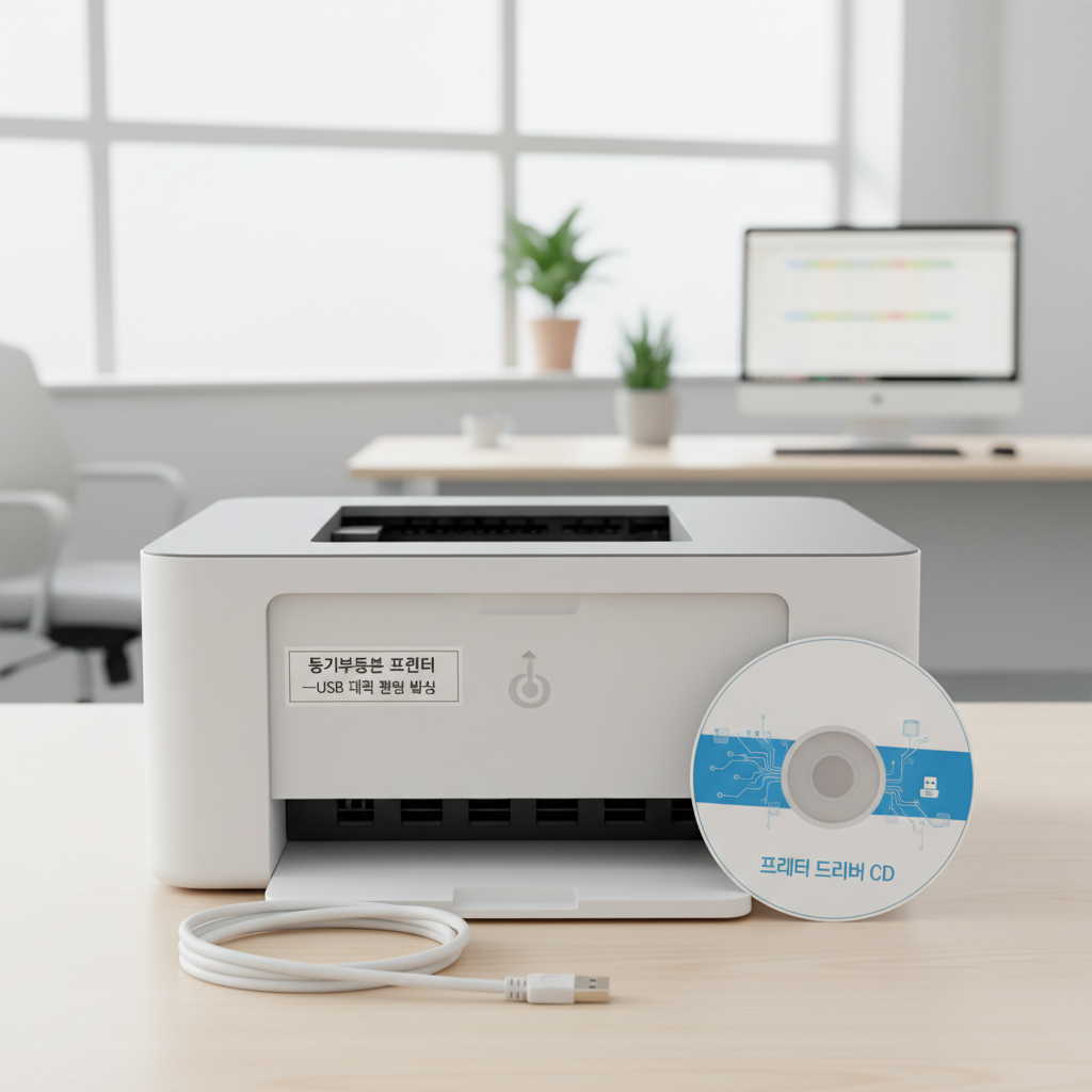 흰색 프린터기 앞에 놓인 USB 케이블과 프린터 드라이버 CD, 밝은 사무실 배경