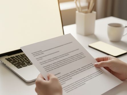 밝은 사무실 공간에서 책상 앞에 놓인 노트북 화면과 스마트폰, 손으로 잡은 서류 클로즈업